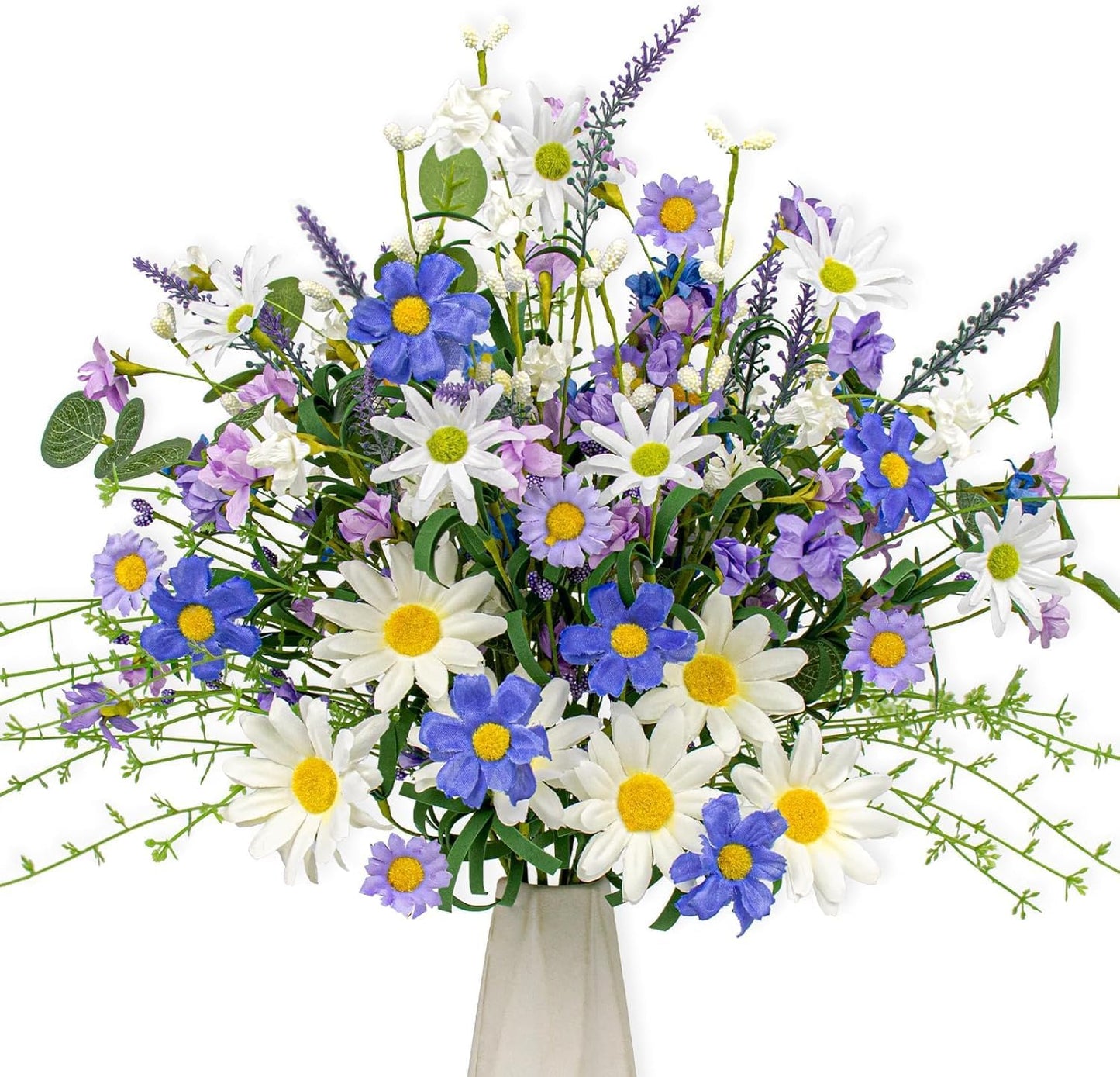 12 PCs Artificial Spring Summer Flowers Rustic Blue and White Artificial Flowers Wildflower Floral Stems with Daffodils Daisy Flower Picks for Vase Table Centerpieces Summer Spring Decor
