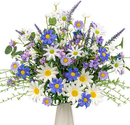 12 PCs Artificial Spring Summer Flowers Rustic Blue and White Artificial Flowers Wildflower Floral Stems with Daffodils Daisy Flower Picks for Vase Table Centerpieces Summer Spring Decor