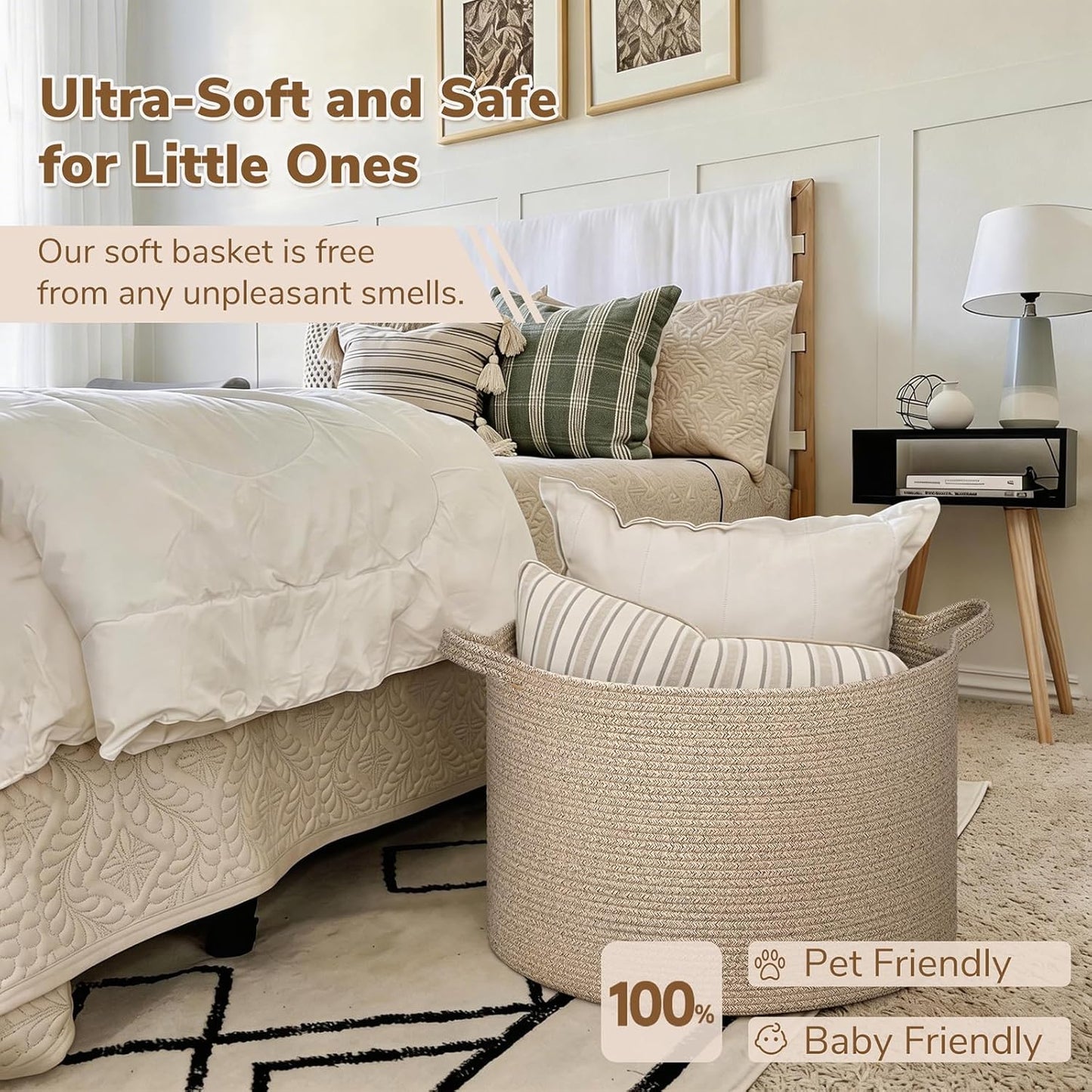 INDRESSME XXXLarge Blanket Basket for Living Room 21.7" x 21.7" x 13.8"-Storage Basket with Handle for Organizing Toy Pillows Woven Cotton Rope Laundry Basket Stuffed Animal Toy Storage for Play Room