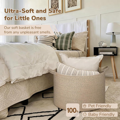 INDRESSME XXXLarge Blanket Basket for Living Room 21.7" x 21.7" x 13.8"-Storage Basket with Handle for Organizing Toy Pillows Woven Cotton Rope Laundry Basket Stuffed Animal Toy Storage for Play Room