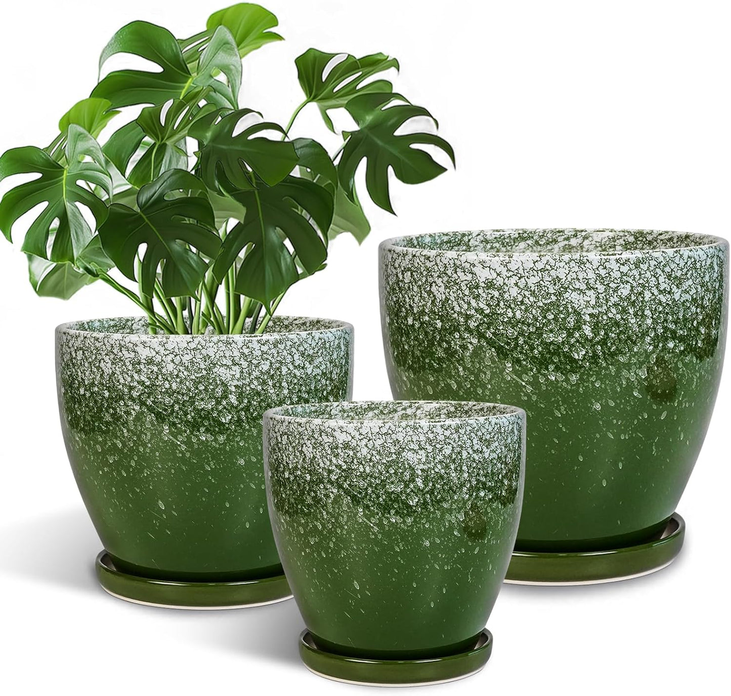 Plant Pots Indoor, Ceramic Planters Pots with Drainage Holes and Saucers, 10+8+6 Inch, Set of 3, Round Large Flower Pots for Indoor Outdoor Plants, Blue