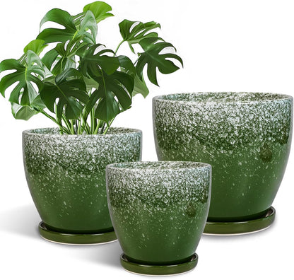 Plant Pots Indoor, Ceramic Planters Pots with Drainage Holes and Saucers, 10+8+6 Inch, Set of 3, Round Large Flower Pots for Indoor Outdoor Plants, Blue