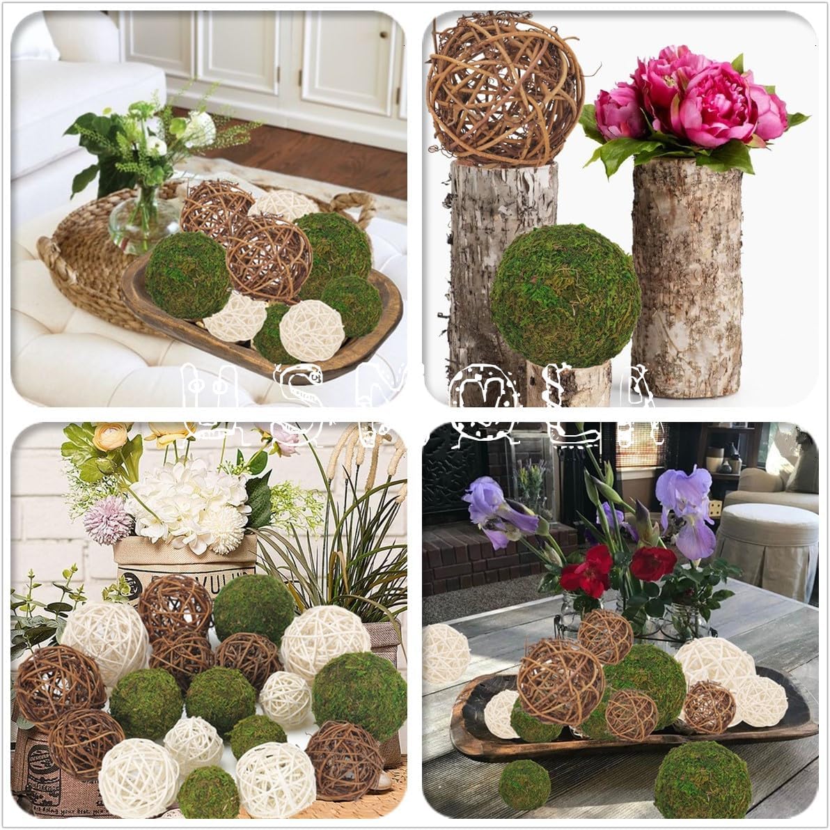 USMOLA 18Pcs Decorative Balls for Centerpiece Bowl - 6Pcs Fake Moss Balls + 12Pcs Rattan Wicker Balls, Artificial Moss Decorative Balls Vase Fillers for Home Garden Wedding Party Decor (Rustic)