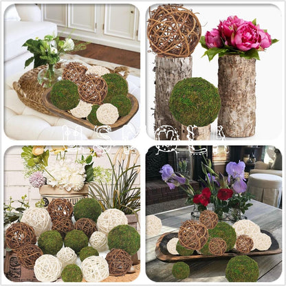 USMOLA 18Pcs Decorative Balls for Centerpiece Bowl - 6Pcs Fake Moss Balls + 12Pcs Rattan Wicker Balls, Artificial Moss Decorative Balls Vase Fillers for Home Garden Wedding Party Decor (Rustic)