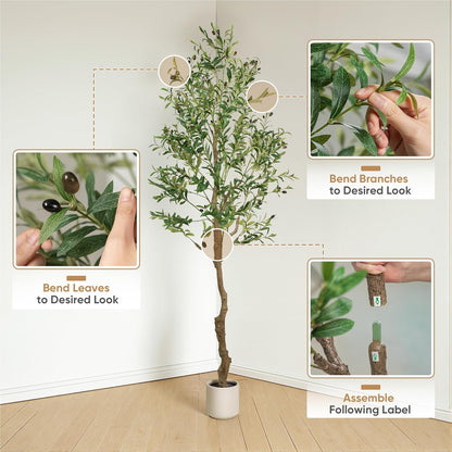 Olive Tree Artificial Indoor, 7 FT Faux Olive Trees with Planter, Fake Tall Plants with Natural Trunk and Lifelike Fruits for Home Office Decor(1, 7FT)