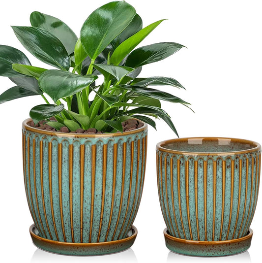 Oairse Ceramic Pots for Indoor Plants, 4.9 +5.7 inch Set of 2 Brown Plant Pots with Drainage Holes and Saucers Texture Ceramic Planters Indoor Outdoor Flower Planters for Succulent