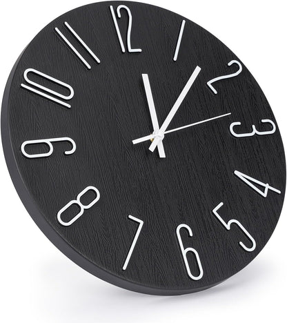 Wall Clock 12 Inch Silent Non-Ticking Imitation Wood Indoor Clock Round White Decor Clock Modern 3D Figures Quartz Wall Clocks for Home, Hotel, Office, School, Bedroom, Living Room, Kitchen