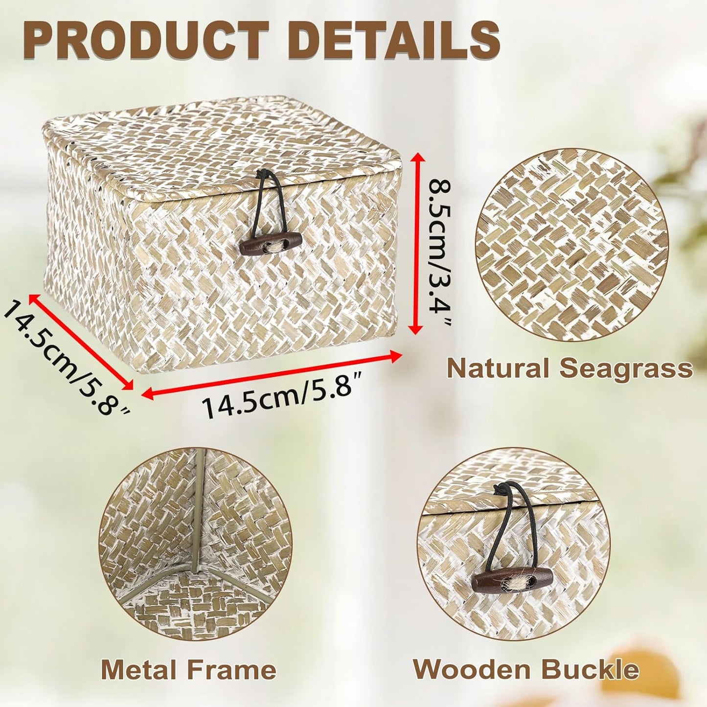 Hipiwe Seagrass Basket with Lid Wicker Storage Basket Square Handwoven Decorative Baskets Box for Shelf Multipurpose Household Baskets Home Decor,X-small