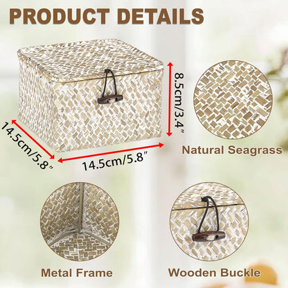 Hipiwe Seagrass Basket with Lid Wicker Storage Basket Square Handwoven Decorative Baskets Box for Shelf Multipurpose Household Baskets Home Decor,X-small