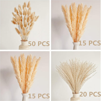 65PCS Pampas Grass Decor, Including pompas Floral, Reed Dried Grass and Bunny Tails Dried Flowers, Natural Dried Pampas Grass Bouquet for Boho Decor Wedding, Home Decoration