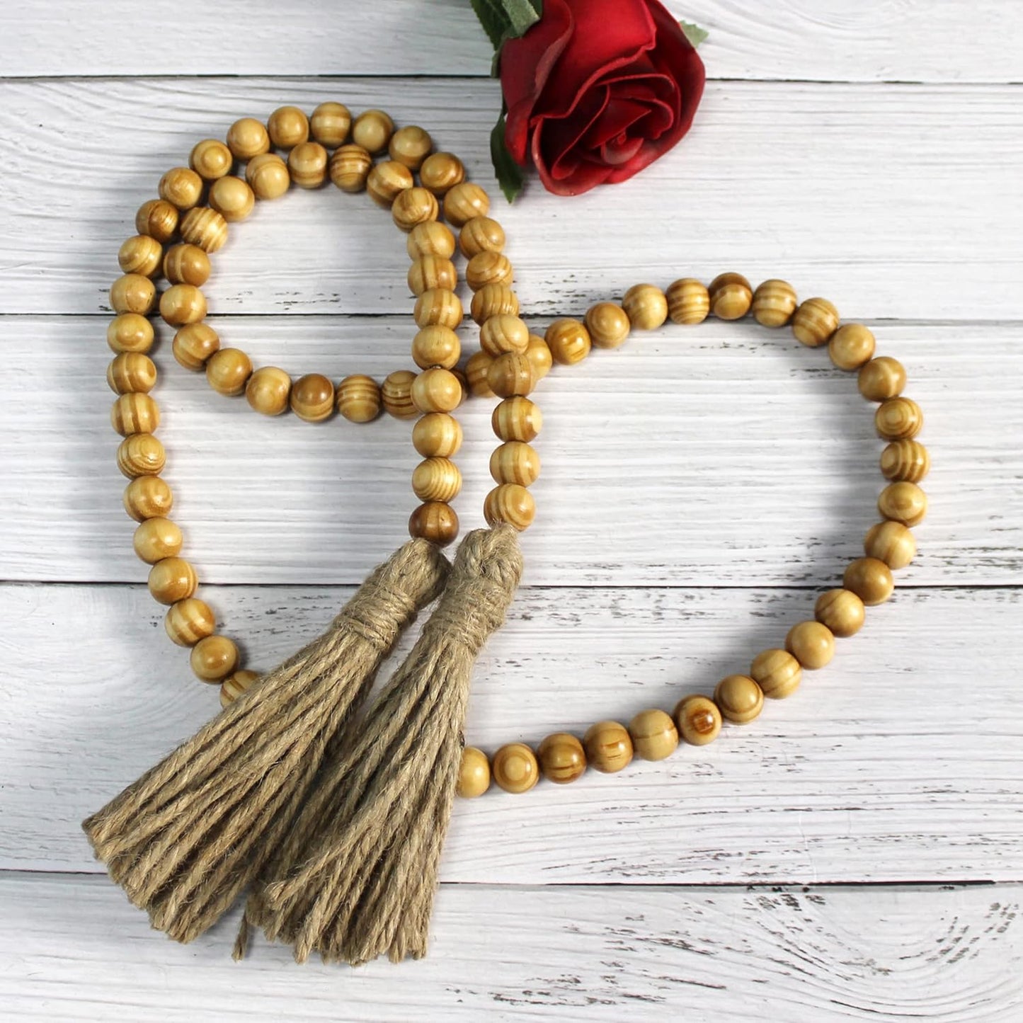 CVHOMEDECO. Wood Beads Garland with Tassels Farmhouse Rustic Wooden Prayer Bead String Wall Hanging Accent for Home Festival Decor. Mix Distressed