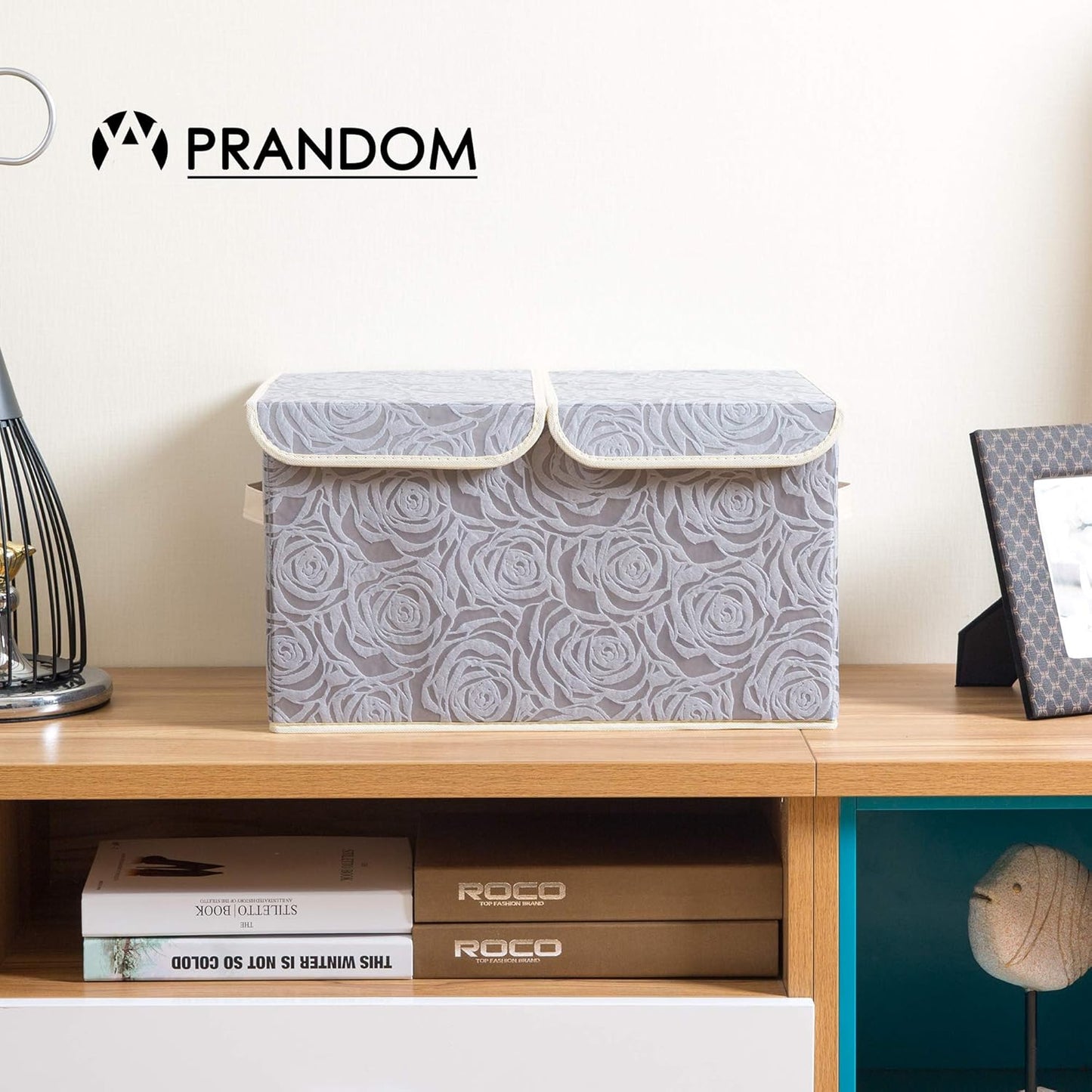 PRANDOM Larger Collapsible Storage Bin with Lid [1-Pack] Fabric Decorative Storage Box Cube Organizer Container Baskes with Handles Divider for Bedroom Closet Living Room Pink 17.7x11.8x11.8 Inch
