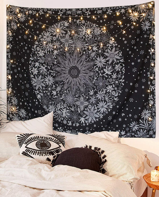 Neasow Bohemian Tapestry Wall Hanging, Beige White Floral Tapestry with Dotted Daisy Medallion Print Bedroom Boho Hippie Home Decor, 36×48 inches
