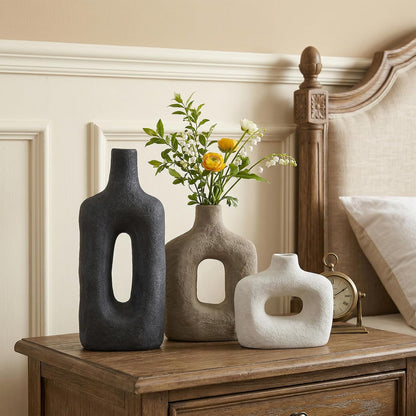 DREAMLOOM Ceramic Vase Set of 3, Modern Rustic Flower Vases for Pampas Grass, Dried & Fresh Flowers, Farmhouse Decorative Vase for Living Room Bedroom Kitchen Shelf Centerpiece, Rust