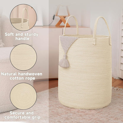JMvicyroam Large Woven Laundry Basket Hamper,60L Cotton Rope Storage Bin for Blankets,Toys and Clothes,Decorative Tall Nursery Hamper for Living Room,Baby Nursery,Bathroom and Bedroom,Brown