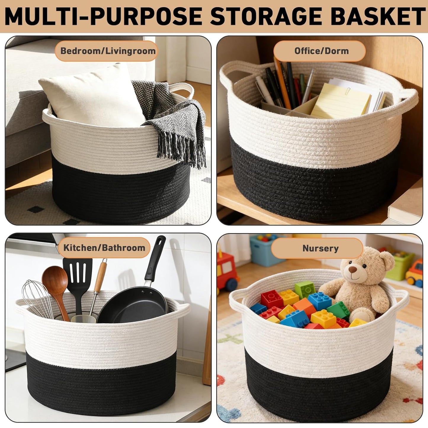Large Woven Blanket Basket,65L Cotton Rope Laundry Basket Hamper with Handles, Decorative Nursery Basket Storage Bin for Toys, Clothes Organizer, Living Room, Bedroom, Bathroom, White & Brown