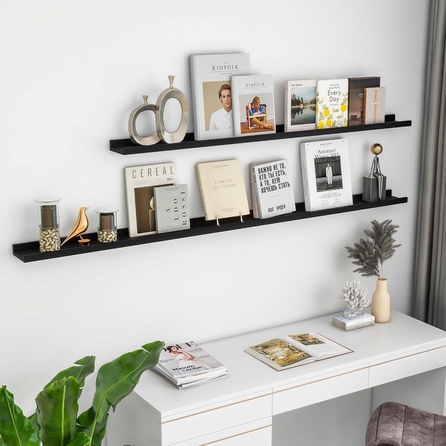 FLYJOE Picture Ledge Shelf, Floating Shelves Set of 2, Solid Pine Wood 55'' Long Large Nursery Book Shelves for Toys Storage, Kids Bookshelf for Living Room Bedroom Decor Books Photo Frames, Walnut