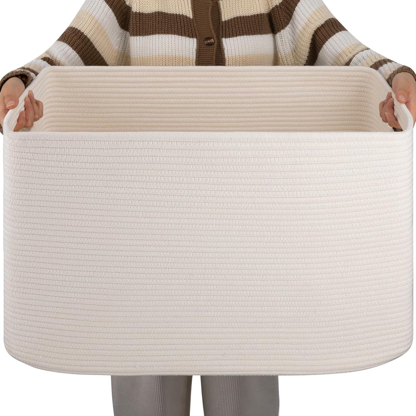 OIAHOMY 75L Large Woven Cotton Rope Storage Basket with Handle for Organizing Blanket and Toys for Living Room, Nursery, Brown Variegated 22”x17”x12”
