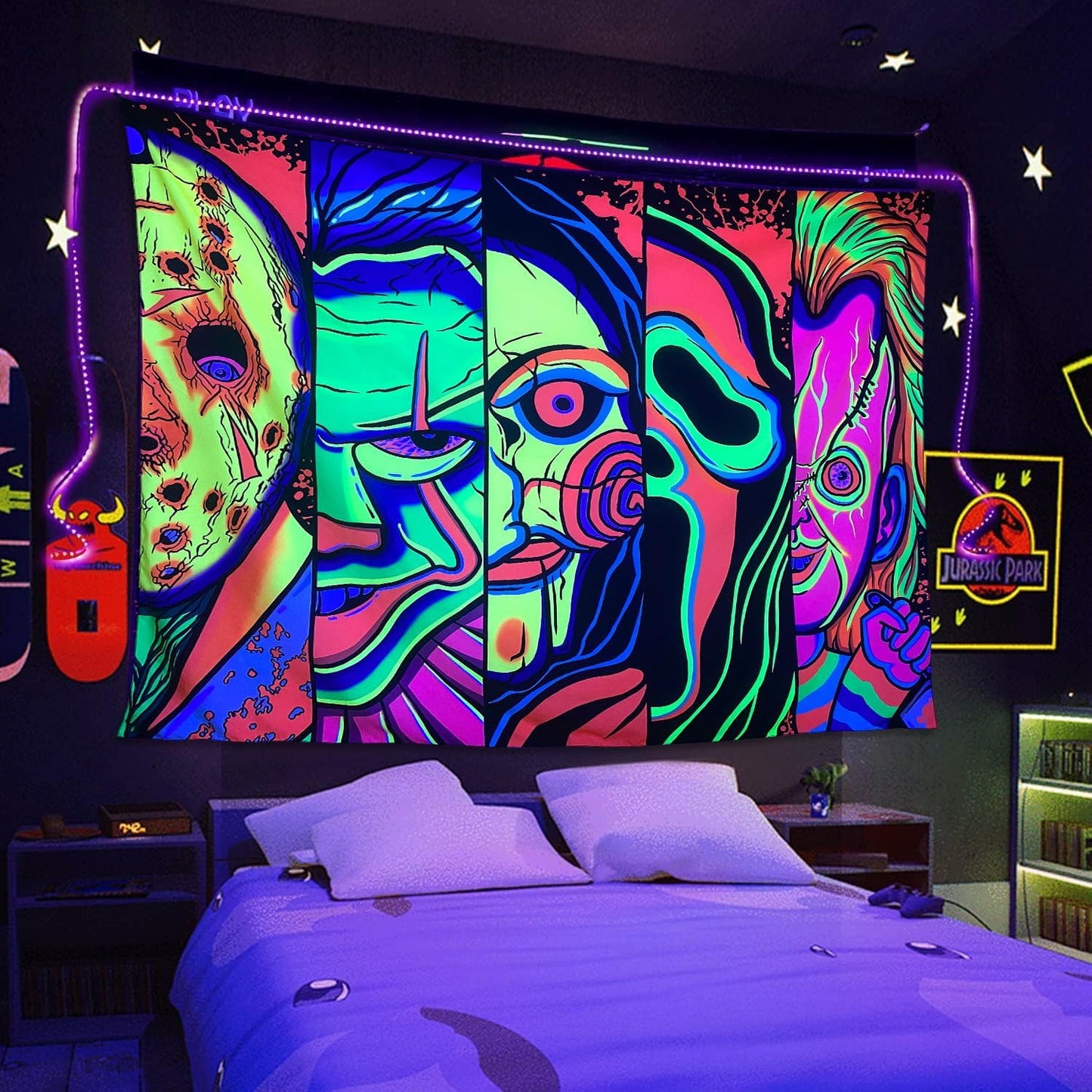 ARTCREATOR Black Light Art Halloween Wall Decor Trippy Blacklight Horror Face Tapestry, UV Reactive Tapestries Glow in The Dark Party Tapestry for Bedroom, Living Room (29" x 37")