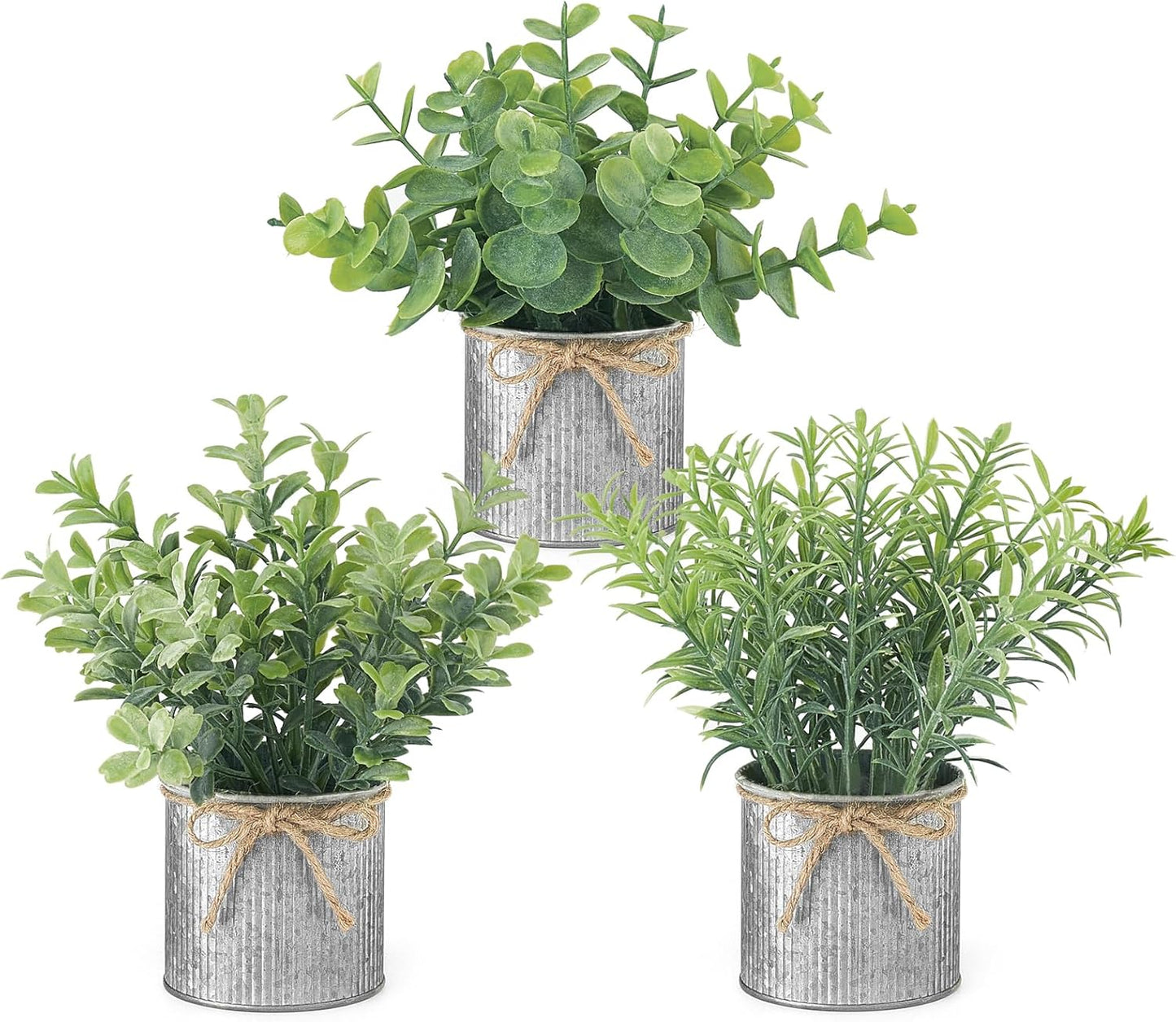 Mkono 3 Pack Small Fake Plants in Black Galvanized Metal Pots Artificial Eucalyptus Plants for Christmas Decorations Shelf Desk Home Farmhouse Room Coffee Table Bathroom Decor