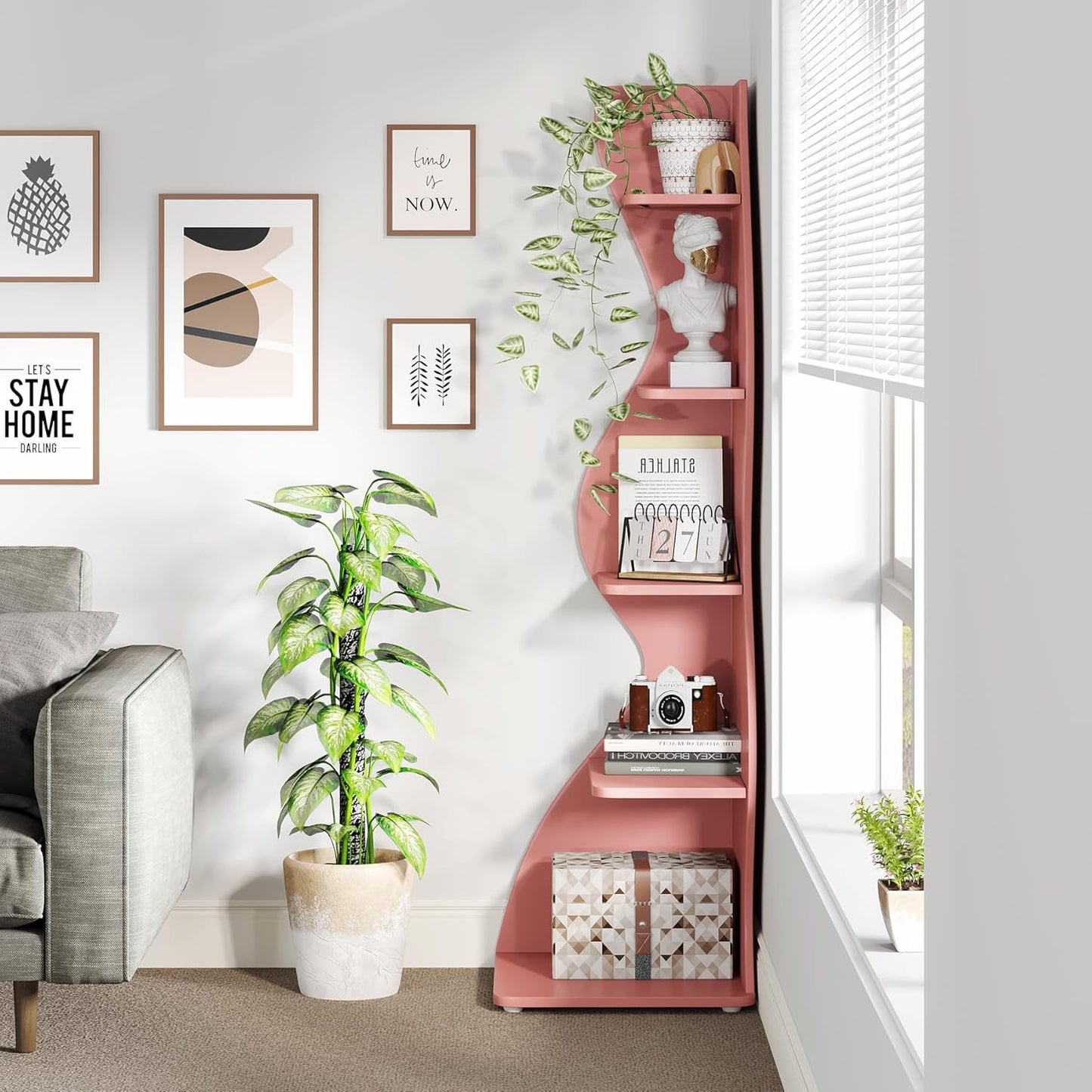 Tribesigns Corner Shelf, Modern 5-Tier Wall Corner Bookshelf, Stylish Corner Small Bookcase Storage Rack Plant Stand with Unique Shape for Living Room, Home Office (White, 1PC)