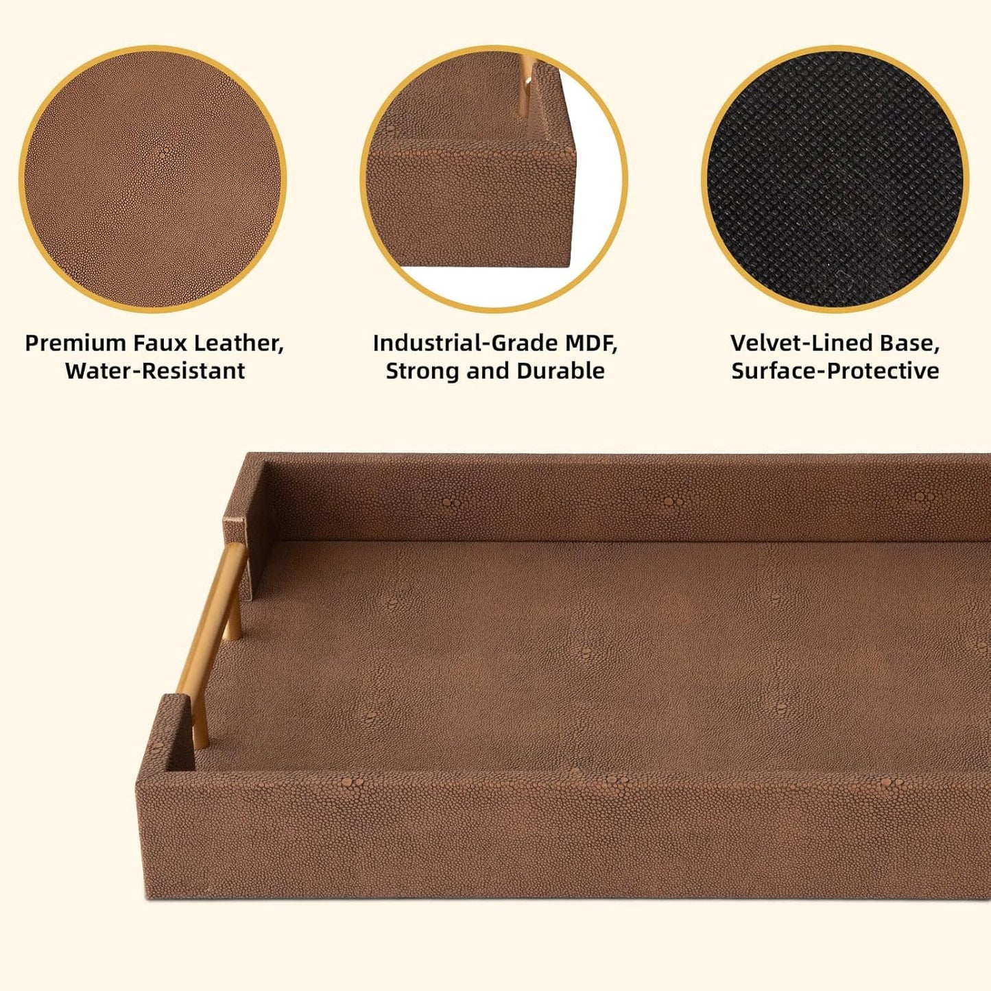 Modern Decorative Tray Set of 2 Ivory Shagreen Leather and Wood Serving Tray with Gold Polished Metal Handles for Ottoman, Coffee Table, Bathroom and More