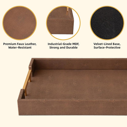 Modern Decorative Tray Set of 2 Ivory Shagreen Leather and Wood Serving Tray with Gold Polished Metal Handles for Ottoman, Coffee Table, Bathroom and More