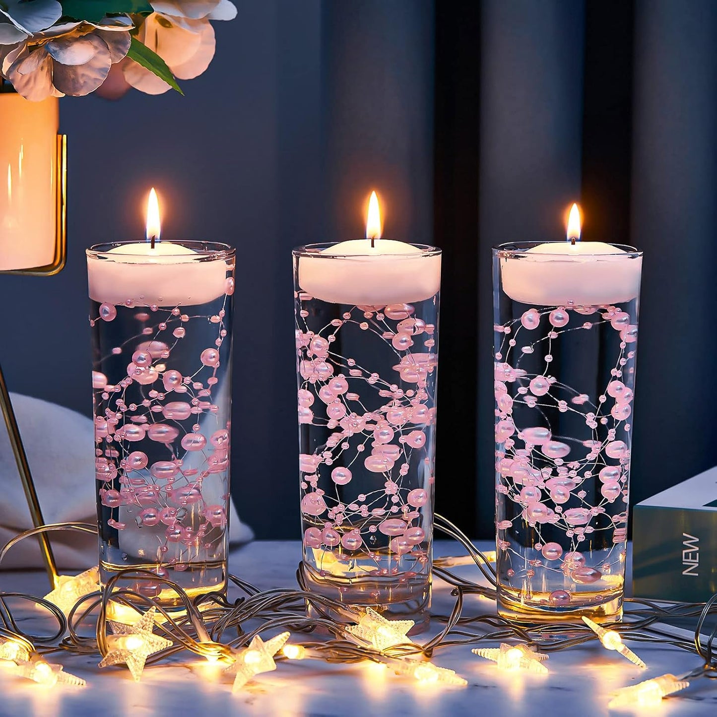 Tondiamo 24 Pcs Artificial Pearl String for Floating Candle Faux Pearls Beads String Garland Centerpiece Decoration for Vases Filler Wedding Spring Holiday Party Decor(Gold)