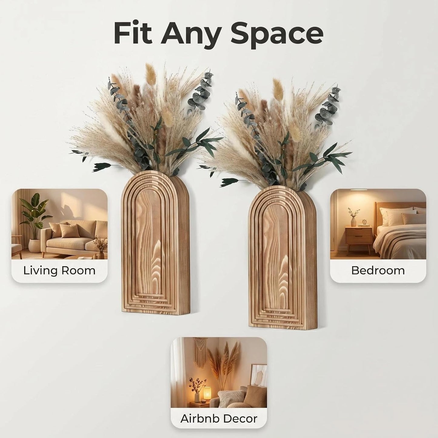 Wooden Wall Planter Set of 4 - Modern Home Decor for Living Room, Bedroom, Bathroom - Walnut Finish Planter for Dried Flowers, Faux Greenery, Indoor Plants