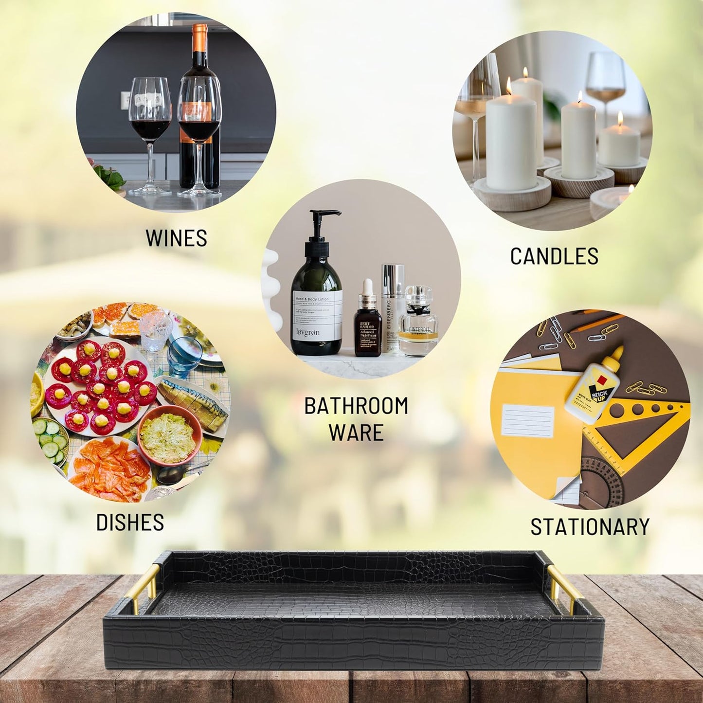 ATZYmolin 17" x 12" Wood Serving Tray with Gold Polished Metal Handles, Home Decorative Wooden Rectangle Ottoman Leather Decor Platter Bathroom Vanity Tray for All Occasions White