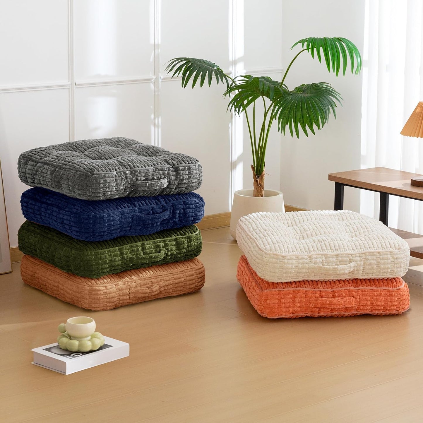 HIGOGOGO Floor Pillow Cushion for Adults, Meditation Cushion Pillow, Blended Corduroy Cover, Large Square Floor Sitting for Tatami Living Room or Yoga, 22x22 Inch, Beige