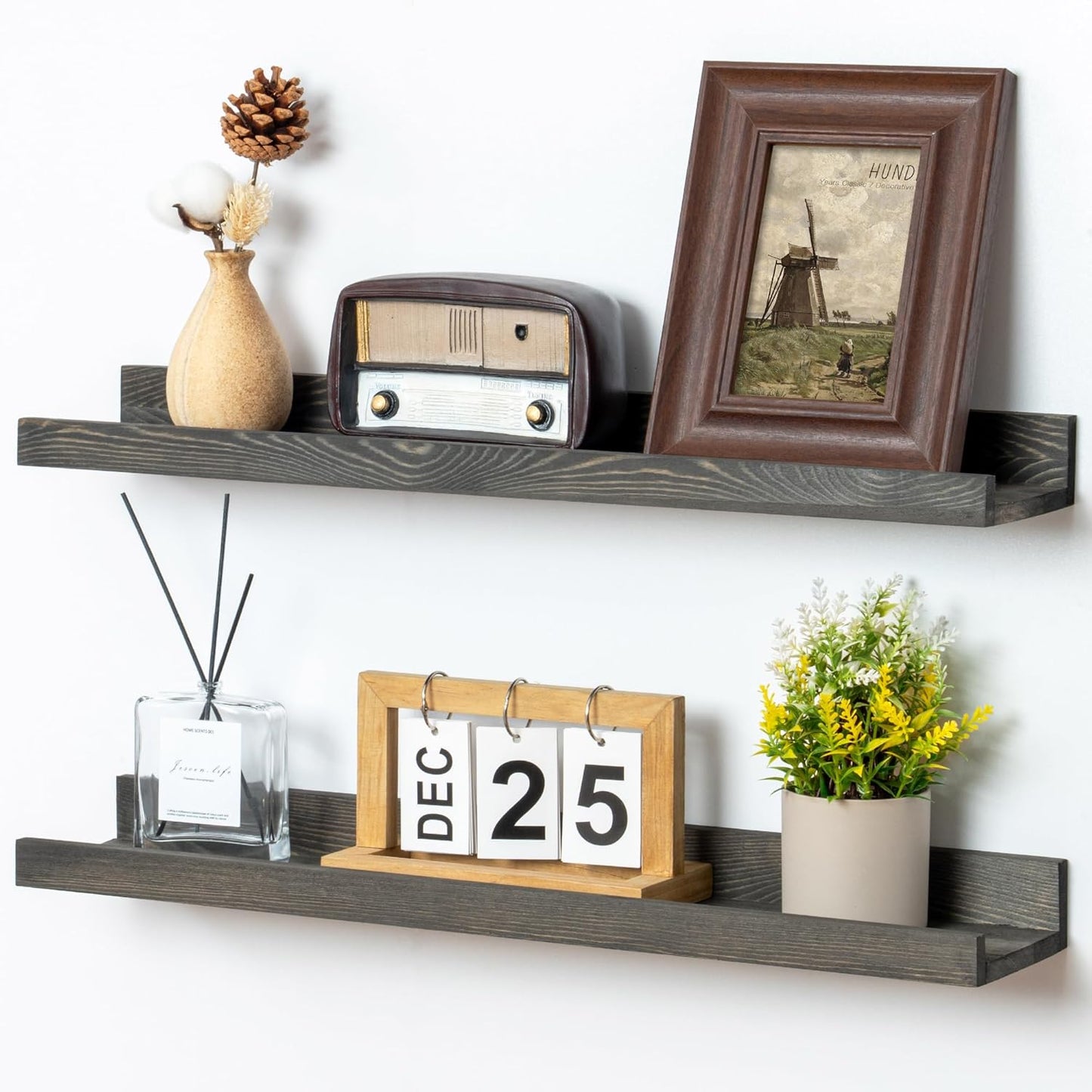 FLYJOE Picture Ledge Shelf, Floating Shelves Set of 2, Solid Pine Wood 55'' Long Large Nursery Book Shelves for Toys Storage, Kids Bookshelf for Living Room Bedroom Decor Books Photo Frames, Walnut