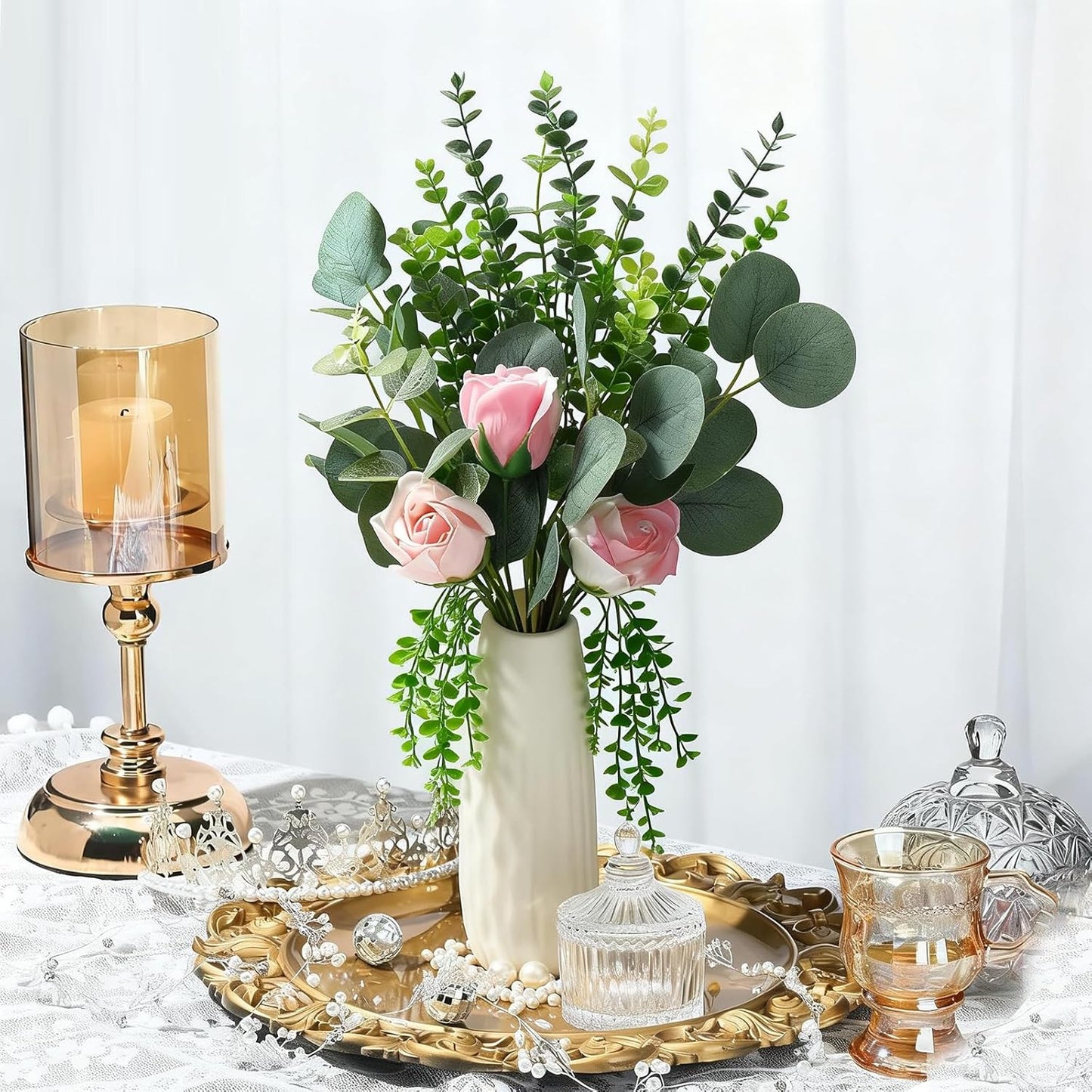 Fake Plants, 20Pcs Eucalyptus Stems Artificial Flowers, Fake Eucalyptus Leaves Stems, Plastic Grey Green Touch Leaf Branches for Home Office Flowers Bouquet Centerpiece Wedding Decoration