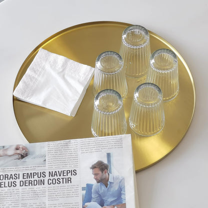 FREELOVE Gold Tray, Round Brass Serving Platter, Bar Circle Decorative Plate, Coffee Table Metal Decor Dishes, Brushed Hammered Coasters, Counter Bathroom Kitchen Dessert Cart Display Food, 12 inch