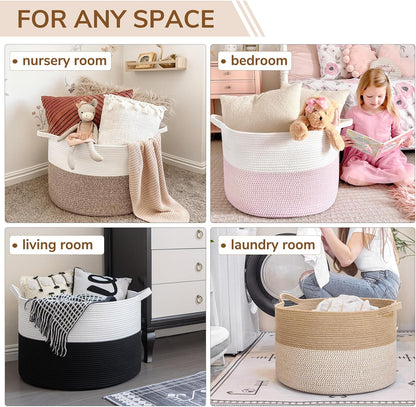 INDRESSME XXXLarge Blanket Basket for Living Room 21.7" x 21.7" x 13.8"-Storage Basket with Handle for Organizing Toy Pillows Woven Cotton Rope Laundry Basket Stuffed Animal Toy Storage for Play Room