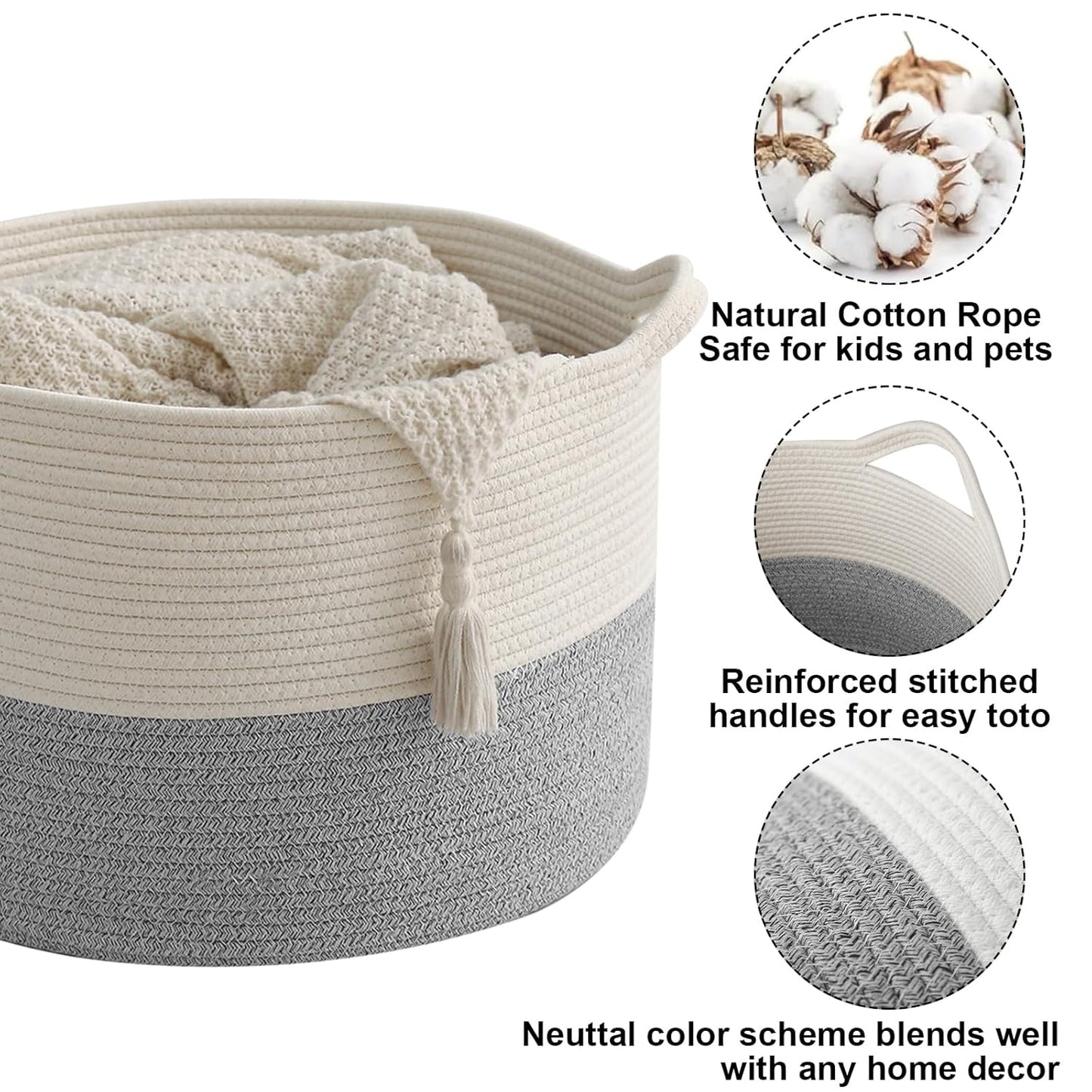 Large Woven Blanket Basket,65L Cotton Rope Laundry Basket Hamper with Handles, Decorative Nursery Basket Storage Bin for Toys, Clothes Organizer, Living Room, Bedroom, Bathroom, White & Brown