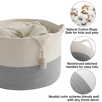 Large Woven Blanket Basket,65L Cotton Rope Laundry Basket Hamper with Handles, Decorative Nursery Basket Storage Bin for Toys, Clothes Organizer, Living Room, Bedroom, Bathroom, White & Brown