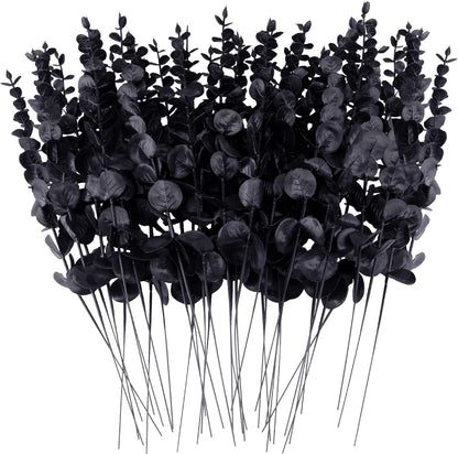 FEQO 36 Pcs Artificial Eucalyptus Stems Dark Brown Leaves Faux Eucalyptus Stems Branches 15 inch for Wedding Bouquet Home Deco