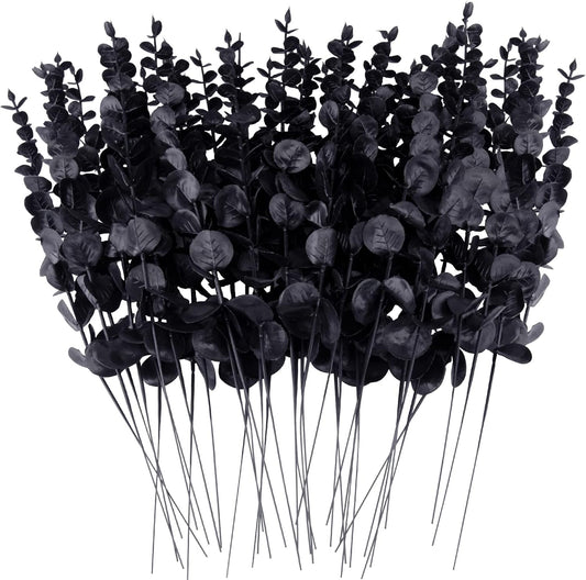 FEQO 36 Pcs Artificial Eucalyptus Stems Dark Brown Leaves Faux Eucalyptus Stems Branches 15 inch for Wedding Bouquet Home Deco