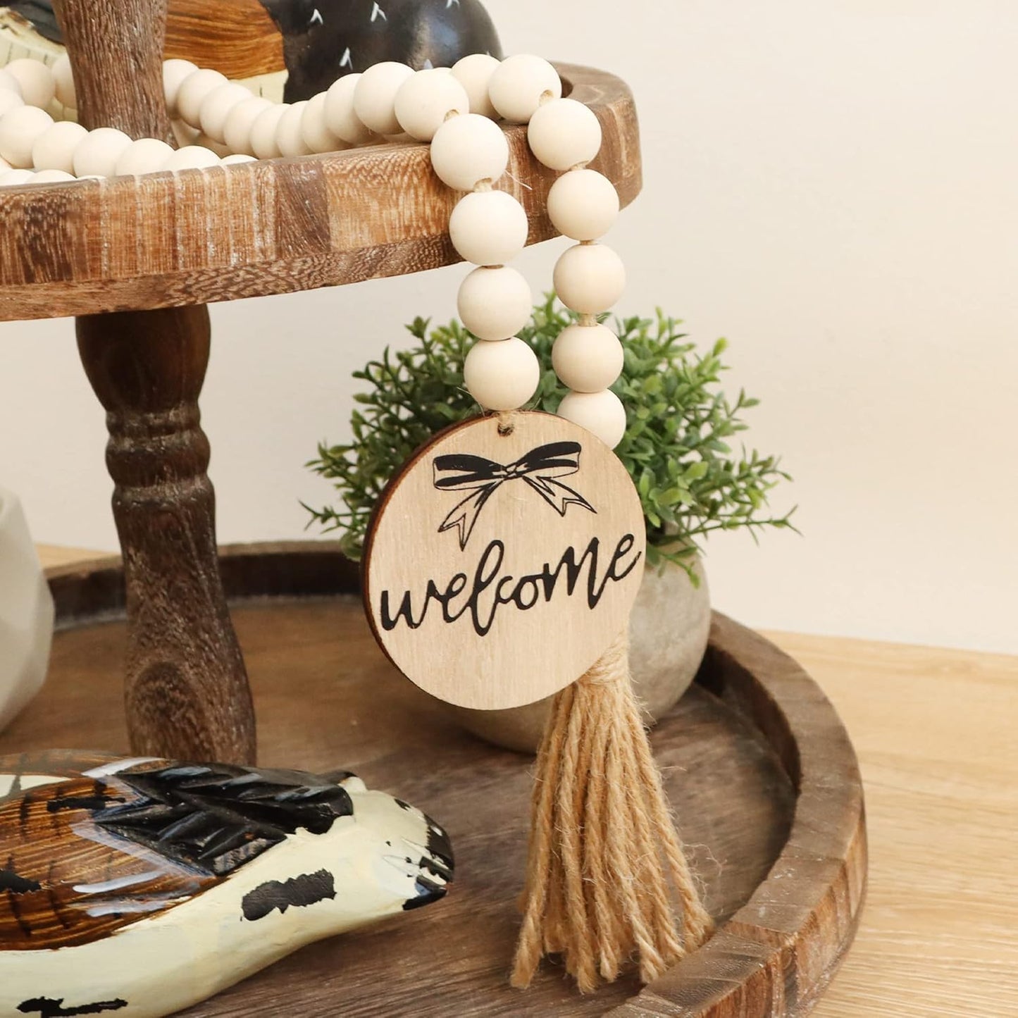 Meplait Love Wooden Bead Garland with Tassel, Decorative Beads Home Decor Farmhouse Tassel Garland Boho Decor for Tiered Tray（38in）