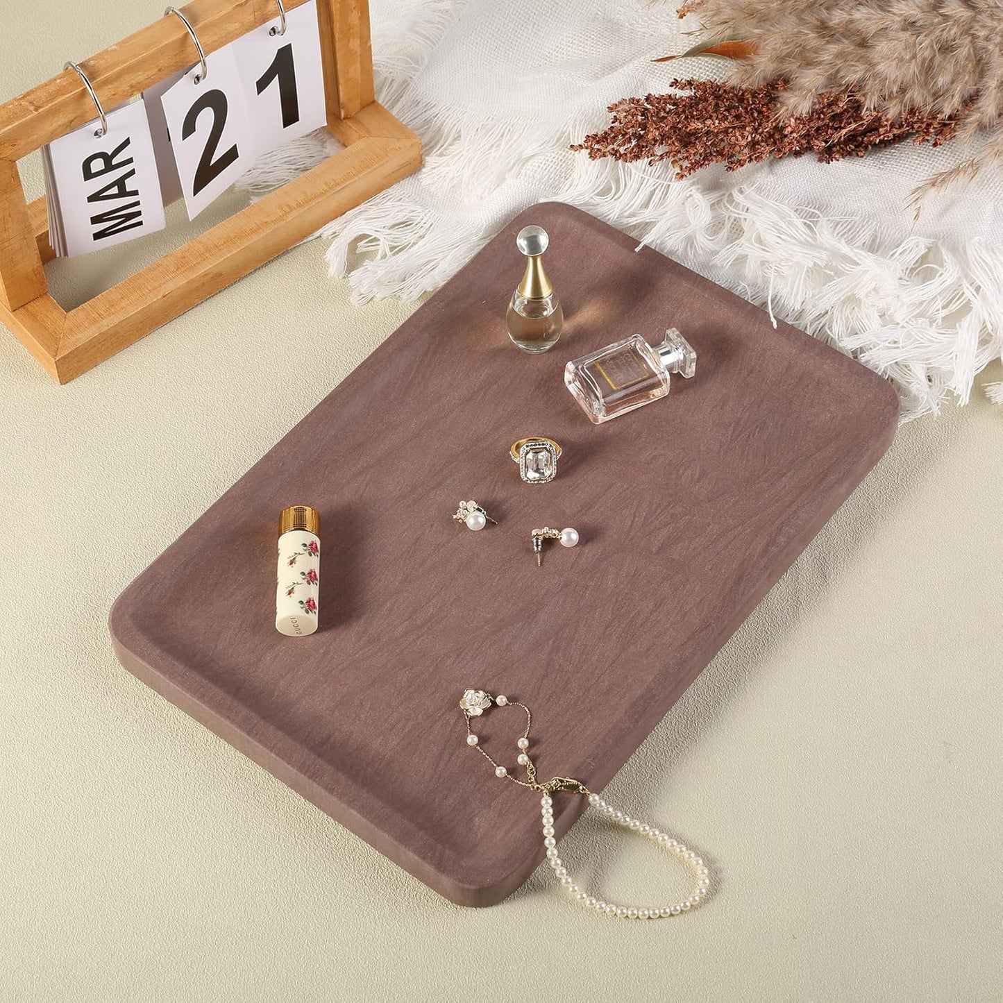 Marble Vanity Tray for Dresser Organizer, Travertine Bathroom Tray Countertop, Beige Decorative Serving Trays, Kitchen Sink Storage, Jewelry & Perfume Holder(Travertino Romano)