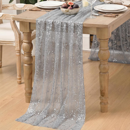 Artoid Mode Beige Gold Gauze Table Runner 120 Inch 10FT, Glitter Metallic Foil Sheer Dining Wedding Anniversary Holiday Birthday Table Decor for Home Party
