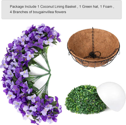 Artificial Hanging Flowers Faux Plants Basket for Outdoors Spring Summer Decor, Fake Silk Bougainvillea in Planter Outdoor Look Real UV Resistant Faux Flower for Outside Porch Patio Garden Home, White