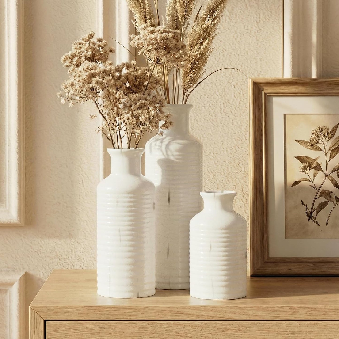 Firehold Ceramic Vase Set of 3, Rustic Home Decor Vases for Modern Farmhouse, White Boho Flower Vases for Shelf, Mantel, Table Decor, Small Decorative Vase for Dried Flowers & Pampas Grass