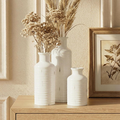 Firehold Ceramic Vase Set of 3, Rustic Home Decor Vases for Modern Farmhouse, White Boho Flower Vases for Shelf, Mantel, Table Decor, Small Decorative Vase for Dried Flowers & Pampas Grass