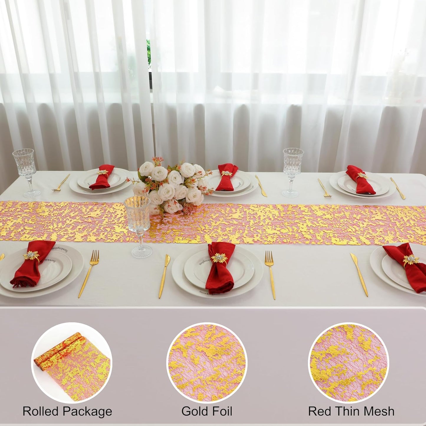 Snowkingdom 2 Pieces Gold Table Runner, Sequin Glitter Foil Metallic Thin Mesh Runner Roll 11"x108", Gold Table Decorations for Event Party, Wedding, Birthday Party, Christmas