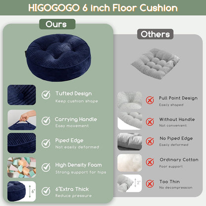 HIGOGOGO 6" Extra Thick Floor Pillow Cushion for Adults, Meditation Cushion Pillow, Large Square Floor Sitting, Tufted Corduroy Cover, for Tatami Living Room or Yoga, 22x22 Inch, 2Pack, Dark Grey