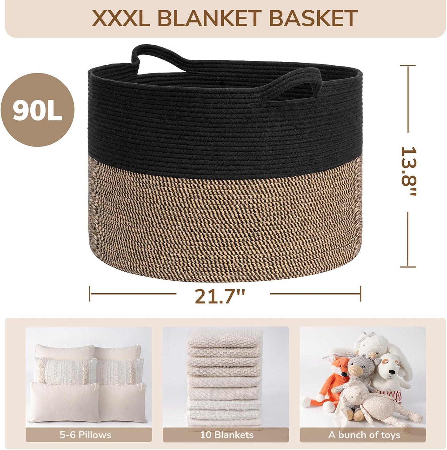 INDRESSME XXXLarge Blanket Basket for Living Room 21.7" x 21.7" x 13.8"-Storage Basket with Handle for Organizing Toy Pillows Woven Cotton Rope Laundry Basket Stuffed Animal Toy Storage for Play Room