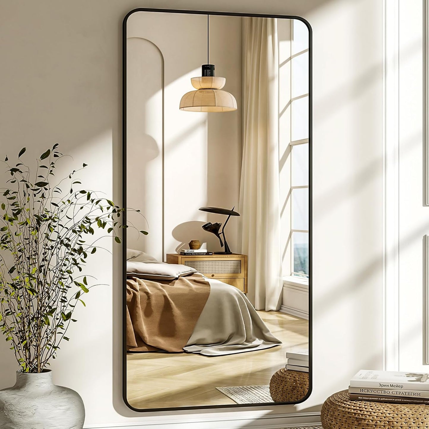 XRAMFY 56"x21" Floor Full Length Mirror Standing Full Body Rounded Corner Rectangle Mirrors with Stand Hanging Wall Mounted Leaning Bedroom Living Room Bedroom Cloakroom,Gold