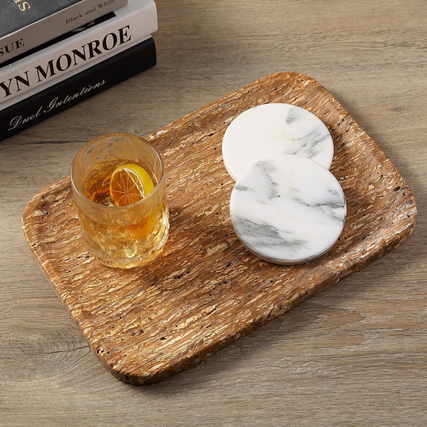 Marble Vanity Tray for Dresser Organizer, Travertine Bathroom Tray Countertop, Beige Decorative Serving Trays, Kitchen Sink Storage, Jewelry & Perfume Holder(Travertino Romano)